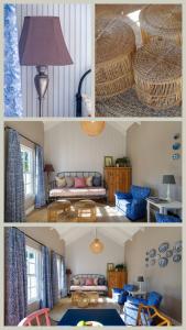 eine Collage mit Bildern eines Wohnzimmers in der Unterkunft Crabapple Cottage, Cheverells Farm in Oudebrug