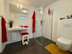 a bathroom with a toilet and a sink and a shower at Aquamarin Ostseetraumsuite 01 in Neuhaus +15 photos