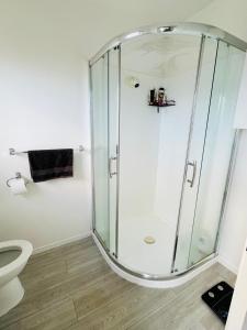 une douche dans une salle de bain avec toilettes dans l'établissement Private room in sunny Bayfair, à Mount Maunganui