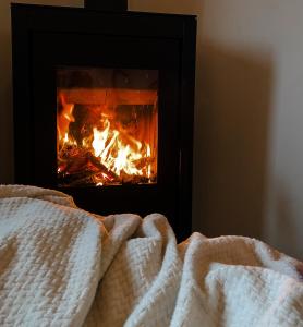 a bed with a blanket in front of a fireplace at Magiczny Zakątek Bałtów in Bałtów