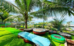 a group of surfboards sitting on the grass near a palm tree at Quoc Dinh Guest House in Mui Ne