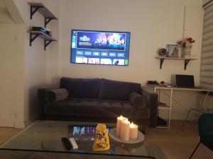 ein Wohnzimmer mit Sofa und Fernseher in der Unterkunft Centre ville Le Touquet, Villa familiale Villa familiale 3 grandes chambres, terrasse, intimité et Confort in Le Touquet-Paris-Plage