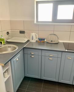 a kitchen with blue cabinets and a sink and a window at Vila Victory in Tohanu Nou