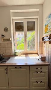 a kitchen with a window and a counter top at Little Paradise - charming apartment in Labin