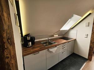 a small kitchen with a sink and a stove at Ferienwohnung Inselblüte in Werder +3 photos