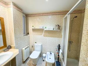Un baño con inodoro, lavabo y ducha. en Canal del Pilar - Turistea, en Zaragoza