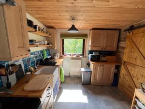 a kitchen with wooden cabinets and a sink and a window at Severn Up in Newtown