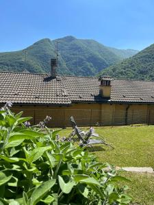 une maison avec des montagnes en arrière-plan avec un buisson dans l'établissement Bnbook Ca Du Val, à Falmenta