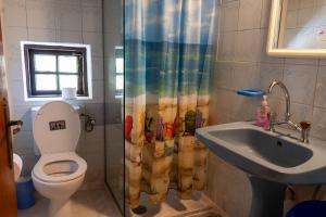 a bathroom with a shower curtain and a toilet and a sink at Oasis Beachfront Studios & Apartments, by ZanteWize in Alikanas +49 photos