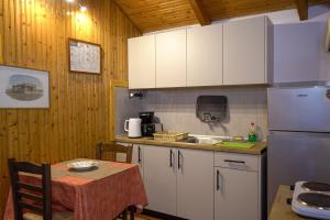 a kitchen with a table and a sink and a refrigerator at Oasis Beachfront Studios & Apartments, by ZanteWize in Alikanas