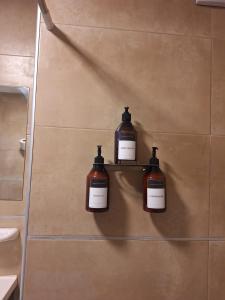 three bottles of soap sitting on a shelf in a bathroom at Amoblado Carlos I in Río Cuarto +6 photos