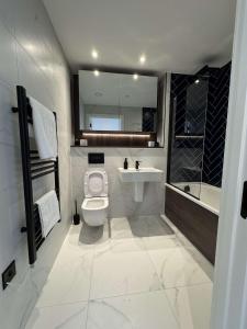 a bathroom with a toilet and a sink and a mirror at The Banks - Private Luxury 2-Bed Flat Manchester Central in Manchester