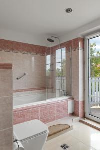 The Teplice Aqua Villa by Aura Luxury Collection في تبليتسه: حمام مع مرحاض وحوض استحمام