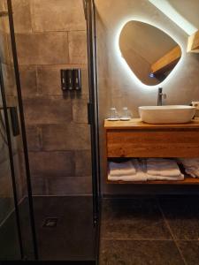 een badkamer met wastafel en douche bij De Pingerhoeve in Nuth