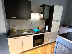 a kitchen with a sink and a stove top oven at Kapuziner in Osijek