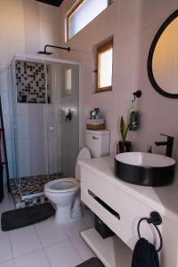 a bathroom with a toilet and a sink and a shower at Wildhorses B&B and Self Catering in Lüderitz
