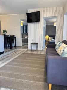a living room with a couch and a tv on a wall at Casa de Vacanta Cris in Băile Olăneşti