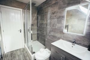 ein Badezimmer mit Toilette, Waschbecken und Dusche in der Unterkunft Hen & Chickens Luxury Apartments, Free Parking, By DerBnB in Derby
