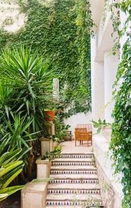a stairway with a bench and plants at Grande chambre cosy avec salle de bain et WC privatif in Montpellier