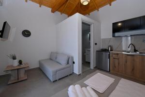 a living room with a couch and a kitchen at Grigoriou apartments in Nea Potidaea