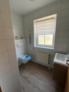 a bathroom with a toilet and a sink and a window at Ferienwohnung Charly in Carolinensiel