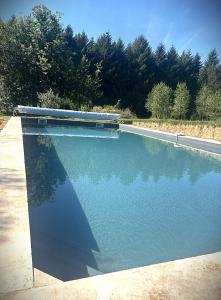 a pool of blue water with trees in the background at Au Pré Fleuri Eco Glamping in Le Lindois