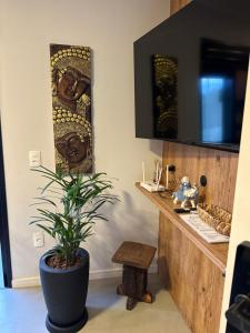 a potted plant in a room with a counter at Cobertura com vista pôr do sol, praia do Campeche in Florianópolis