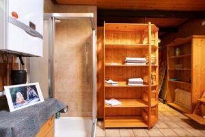 a bathroom with a shower and a wooden closet at Alfreds Landidyll in Weddingstedt +29 photos