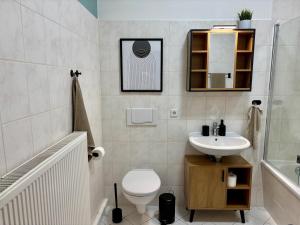 a bathroom with a toilet and a sink at Gassentraum NEU mit Balkon in Pirna +14 photos