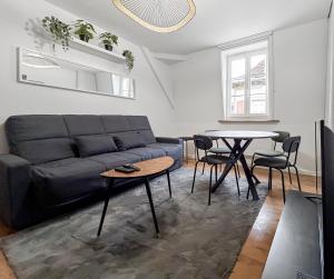 un salon avec un canapé et une table dans l'établissement Calme et confort au cœur du vieux Troyes, à Troyes 30 autres photos