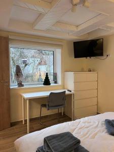 a bedroom with a desk and a bed and a window at The LODGE, separate apartment in a vila, with floor heating, groundfloor in Sinaia
