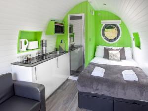 a bedroom with green walls and a bed and a window at 1 Bed in New Quay 78189 in Lampeter