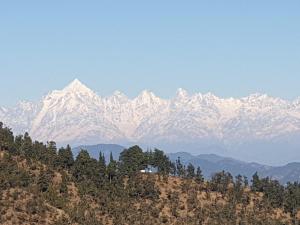 a snow covered mountain range with a house on a hill at Greenwood Cottage in Mukteswar
