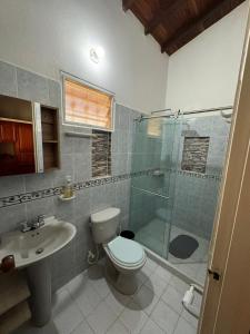 a bathroom with a toilet and a shower and a sink at Finca Las Palmas San Gil in San Gil +39 photos