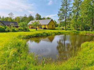 a pond in the middle of a field with a house at Elly Kodumajutus Kihnus in Linaküla