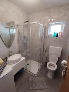 a bathroom with a shower and a toilet and a sink at Apartments Marina in Hvar +78 photos