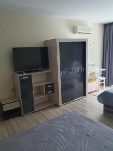 a living room with a flat screen tv and a entertainment center at студия ЛИЛИЯ in Tsarevo