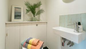 a white bathroom with a sink and a plant at Bwthyn Ysgubor in Conwy +86 photos