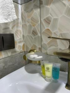 baño con lavabo y 2 tazas en una encimera en Shine Hill შაინ ჰილი, en Tsinsvla