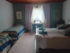 ein Schlafzimmer mit zwei Betten und einem Fenster in der Unterkunft Bobackan pihatorpan kammarit in Alvettula