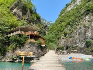 a wooden walkway leading to a building on a mountain at Captain's House in Mollʼ e Shoshit