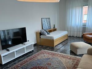リーヴァ・デル・ガルダにあるDueOlivi - Appartamento Blueの薄型テレビとソファのあるリビングルーム