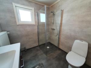 a bathroom with a shower and a toilet and a sink at Villa Majringen in Vidsel +16 photos