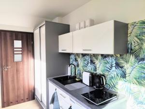 a kitchen with a sink and a counter top at Pokoje u Rybaka in Jastarnia