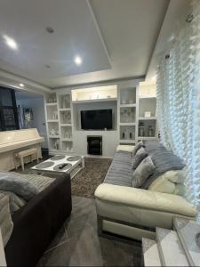 a large living room with a couch and a television at Appartement cosy dans le grand Paris in Chennevières-sur-Marne