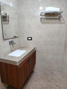 a bathroom with a sink and a mirror at The Monark Inn in Sandīla +11 photos