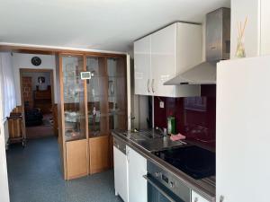 a kitchen with white cabinets and a counter top at Apartmán na loučkách u lesa in Dolany