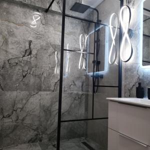 Un baño con ducha con pared de piedra. en Masaryss luxury apartament 2, en Văleni