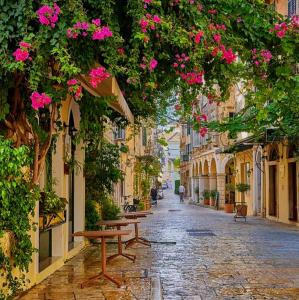 an empty street with flowers hanging from buildings at Casa Myrilla in Corfu