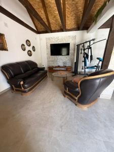 a living room with a couch and a television and a gym at Mila in Danilovgrad